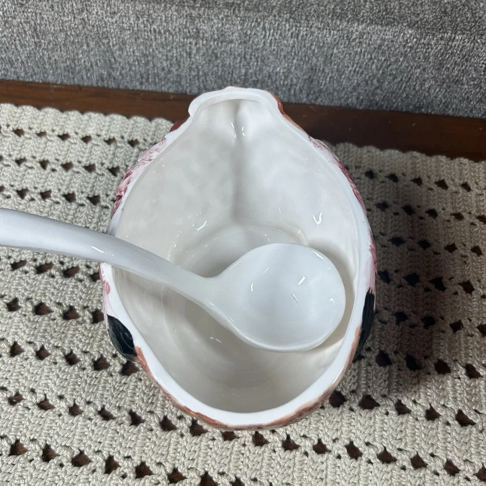 Vtg 1990s Turkey Glazed Ceramic Gravy Boat Tureen Lid & Ladle Thanksgiving 1 Qt
